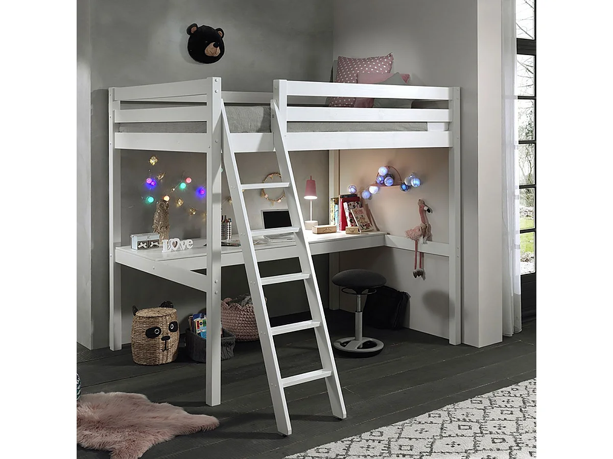 SLEEPY - Lit Mezzanine Blanc 140x200cm avec Bureau 205 cm