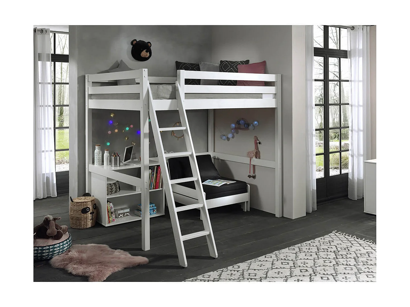 SLEEPY - Lit Mezzanine Blanc 140x200cm avec Fauteuil et Étagère