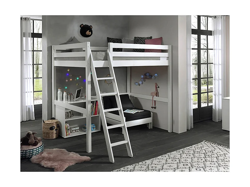 SLEEPY - Lit Mezzanine Blanc 140x200cm avec Fauteuil et Étagère