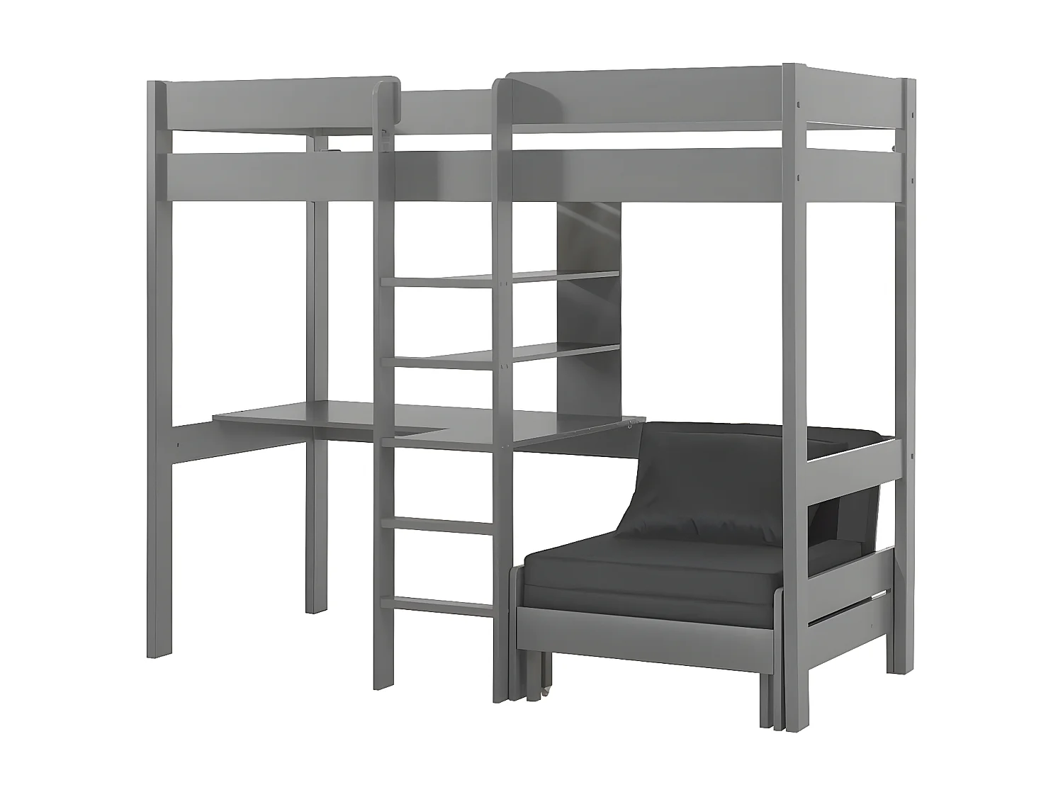 SLEEPY - Lit Mezzanine Gris 90x200cm Échelle Centrale Bureau et Fauteuil