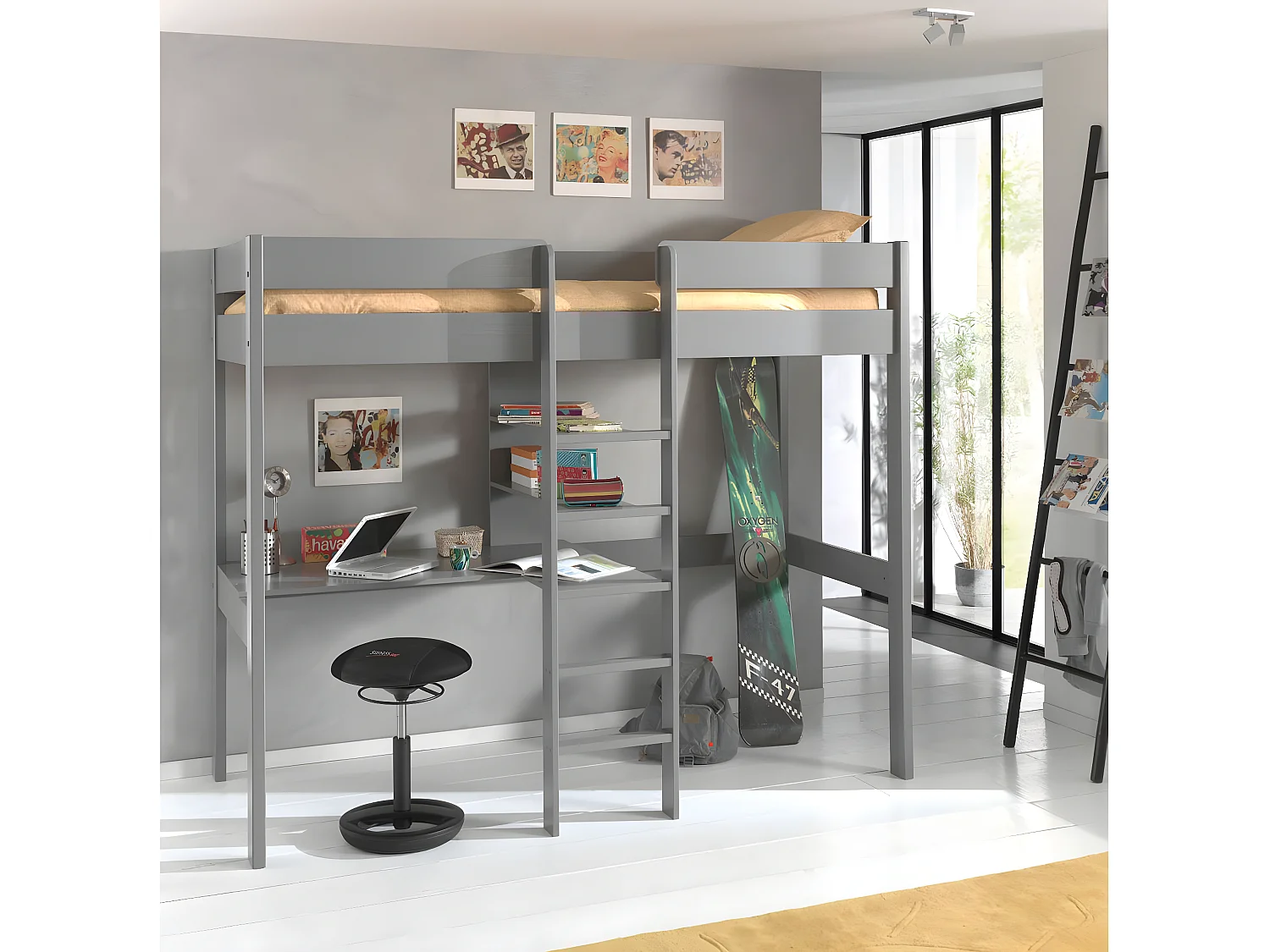 SLEEPY - Lit Mezzanine Gris 90x200cm Échelle Centrale Bureau et Fauteuil