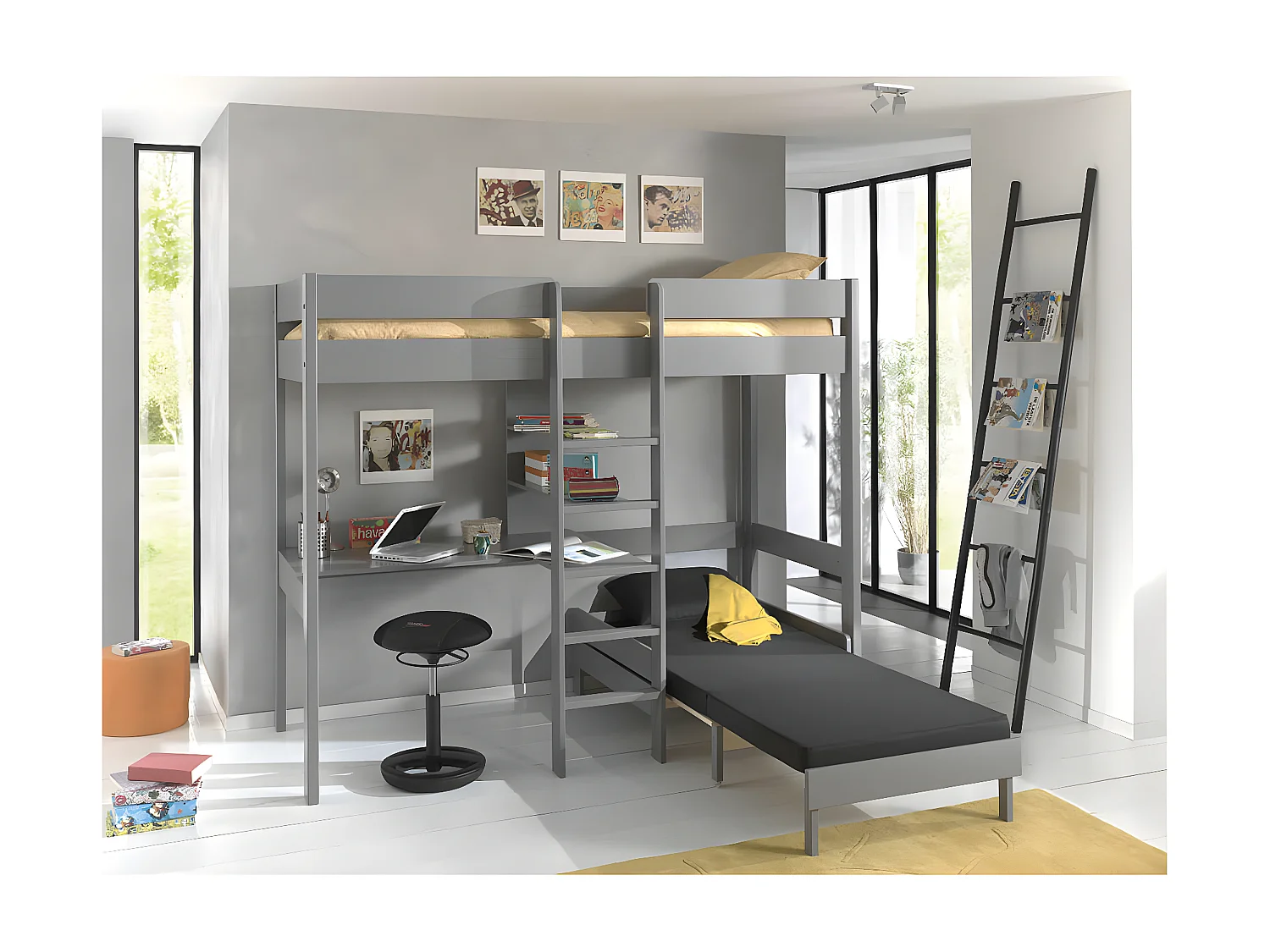 SLEEPY - Lit Mezzanine Gris 90x200cm Échelle Centrale Bureau et Fauteuil