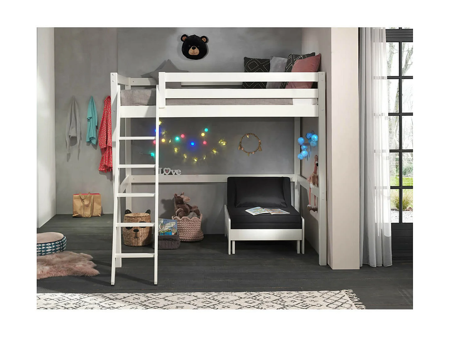 SLEEPY - Lit Mezzanine Blanc 140x200cm avec Fauteuil