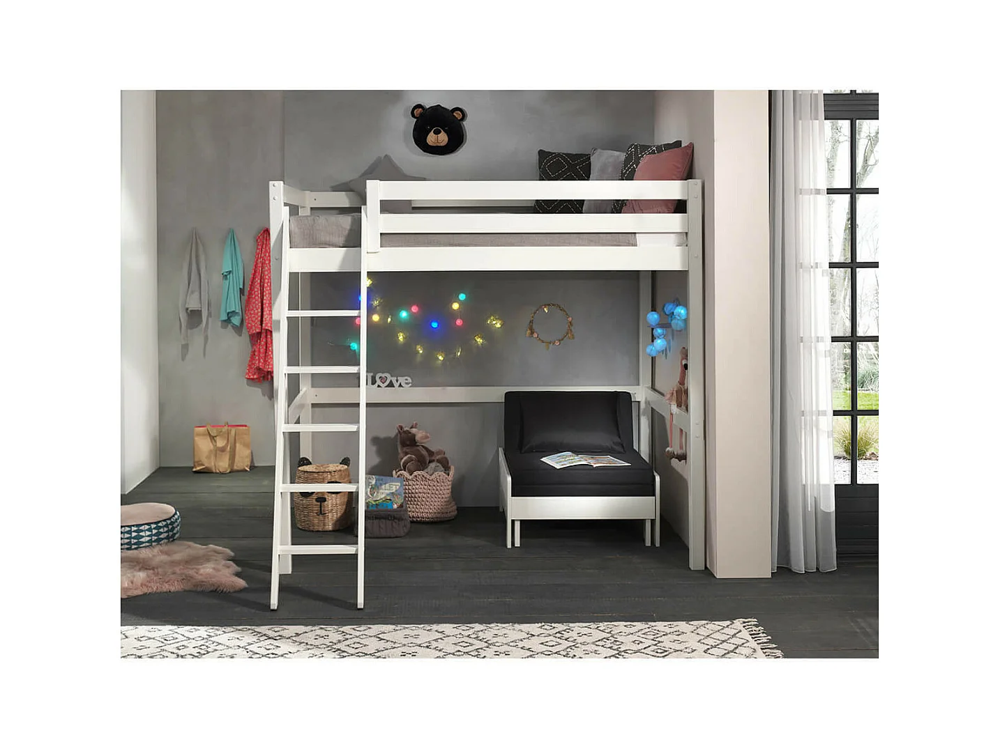 SLEEPY - Lit Mezzanine Blanc 140x200cm avec Fauteuil