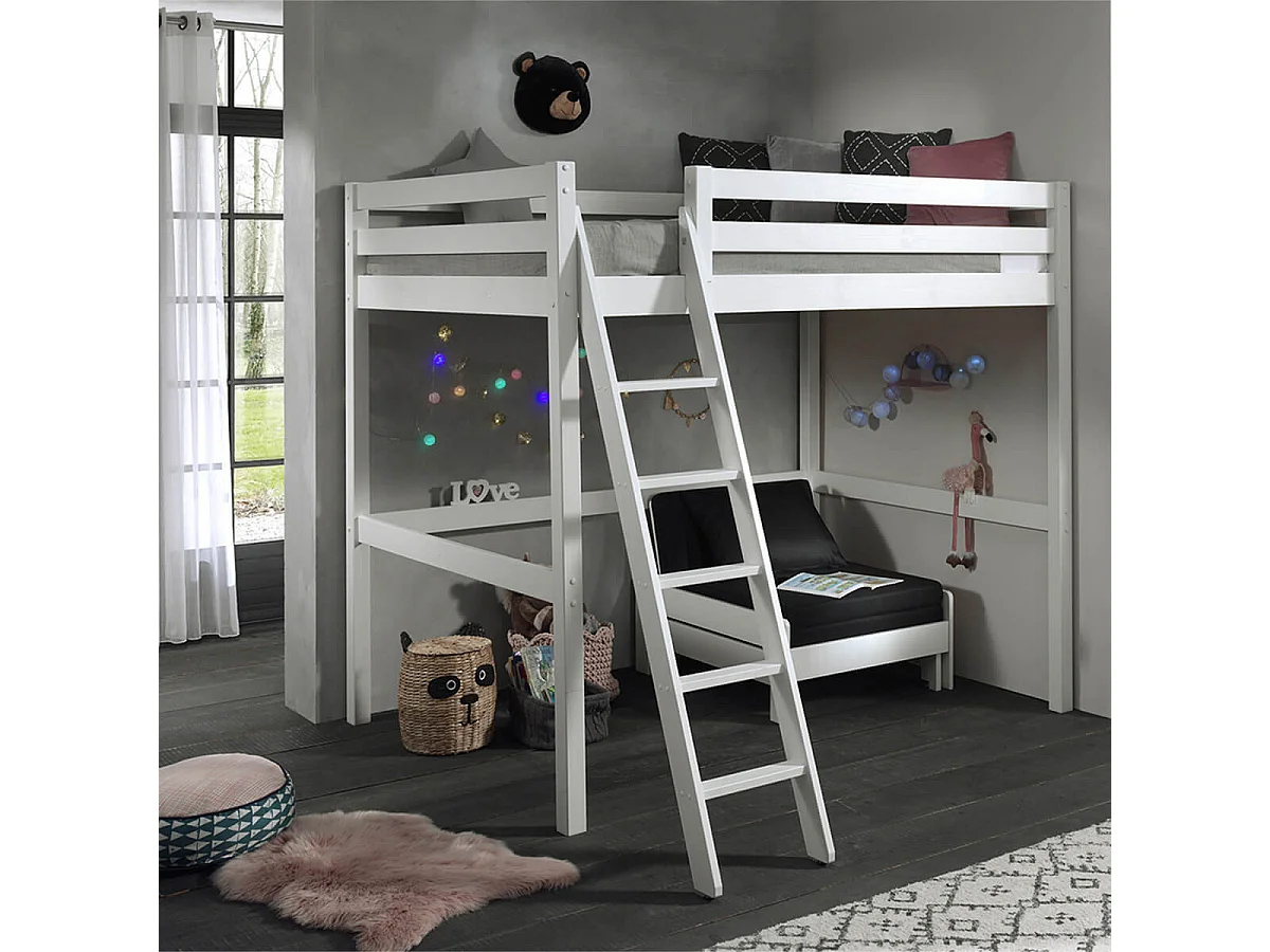 SLEEPY - Lit Mezzanine Blanc 140x200cm avec Fauteuil