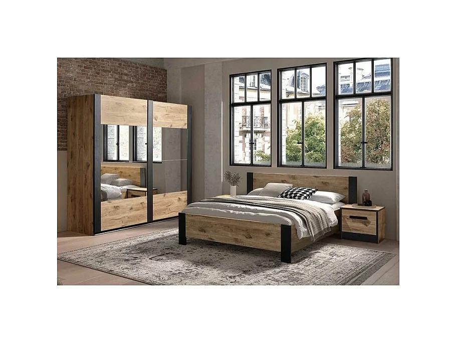 COPOLA - Chambre Lit 160x200 + 2 Chevets + Armoire 2 Portes Coul. Aspect Bois et Noir