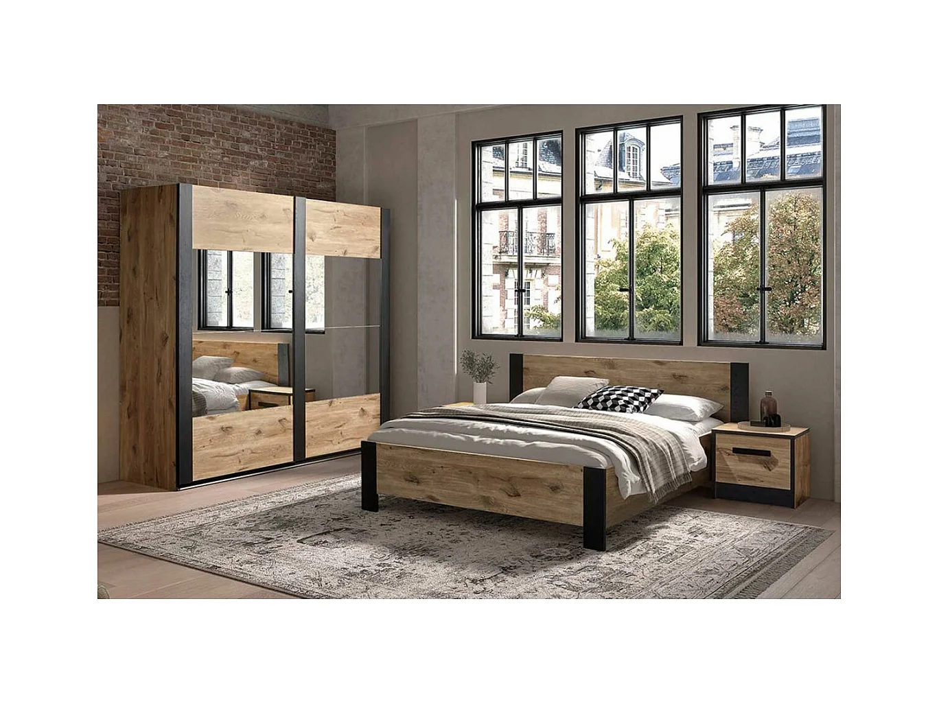 COPOLA - Chambre Lit 180x200 + 2 Chevets + Armoire 2 Portes Coul. Aspect Bois et Noir