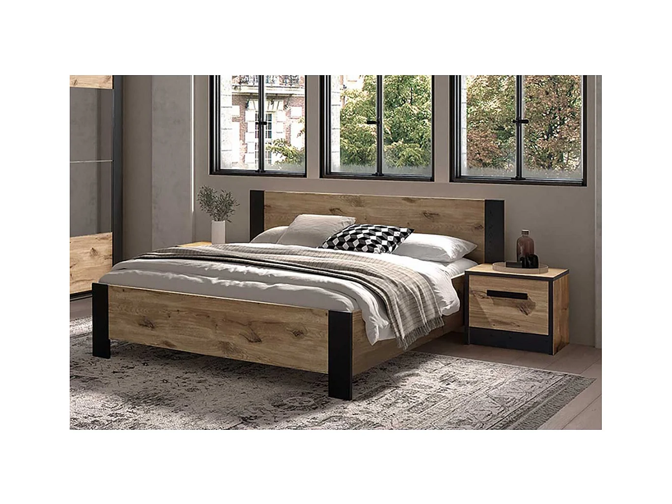 COPOLA - Chambre Lit 180x200 + 2 Chevets Aspect Bois et Noir