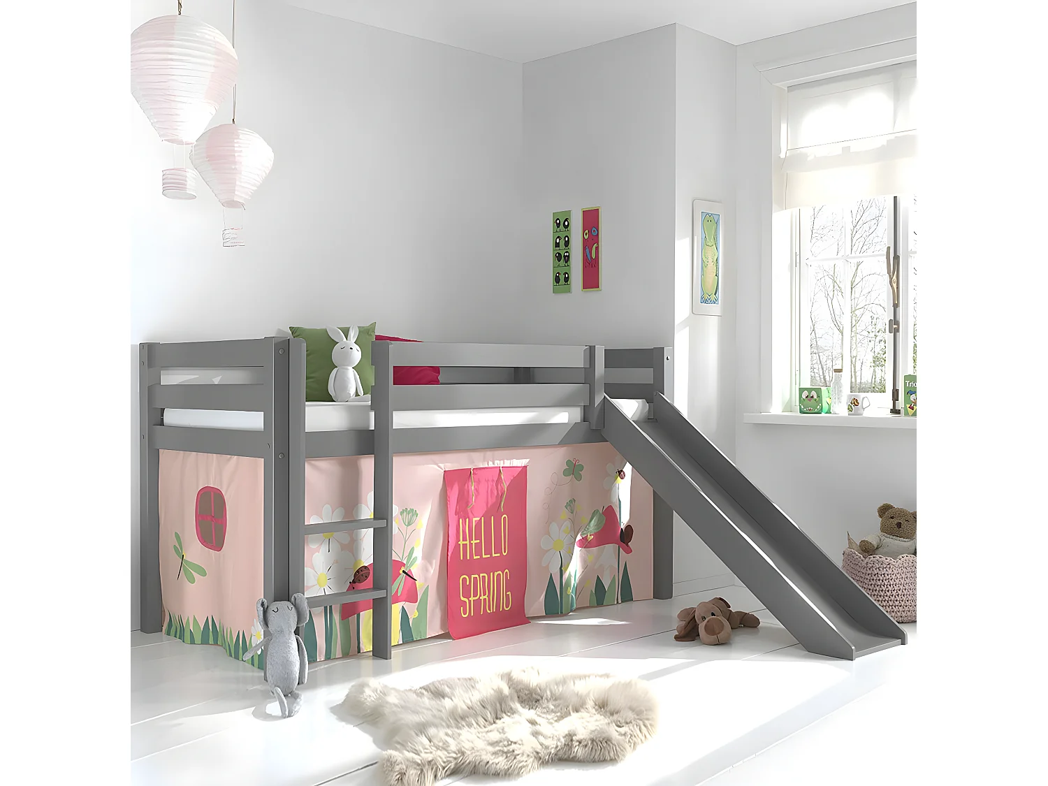 SLEEPY - Lit Mi-Haut Tobogan Laqué Gris 90x200cm Housse Garden