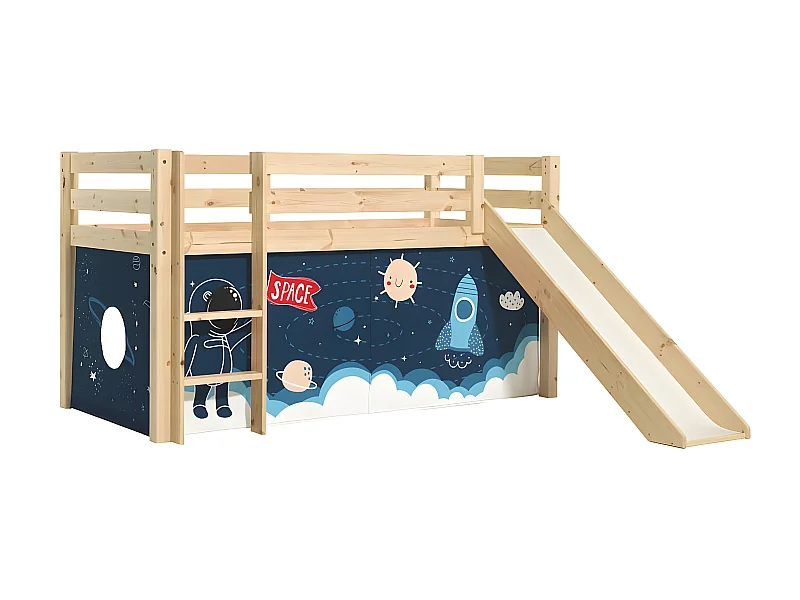 SLEEPY - Lit Mi-Haut Tobogan en Pin Naturel 90x200cm Housse Espace