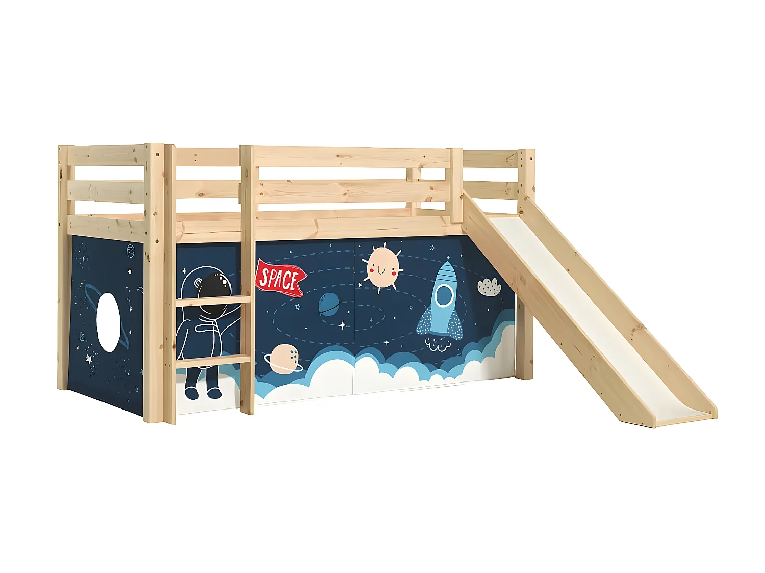 SLEEPY - Lit Mi-Haut Tobogan en Pin Naturel 90x200cm Housse Espace