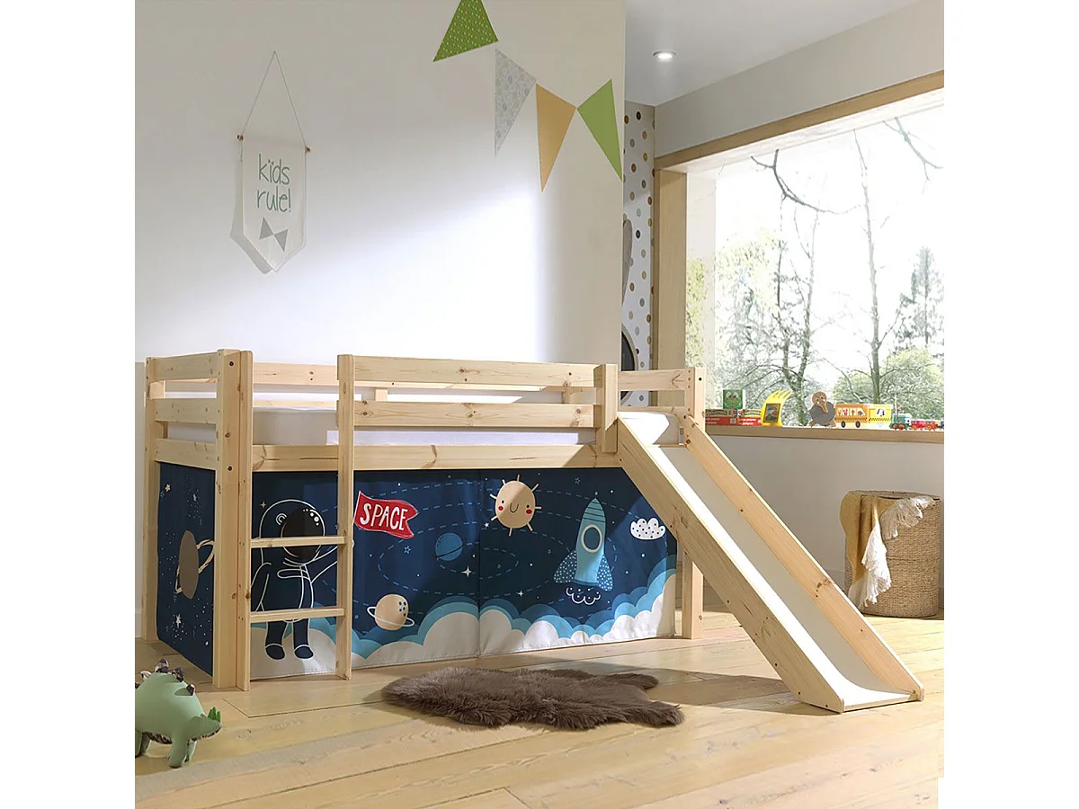 SLEEPY - Lit Mi-Haut Tobogan en Pin Naturel 90x200cm Housse Espace