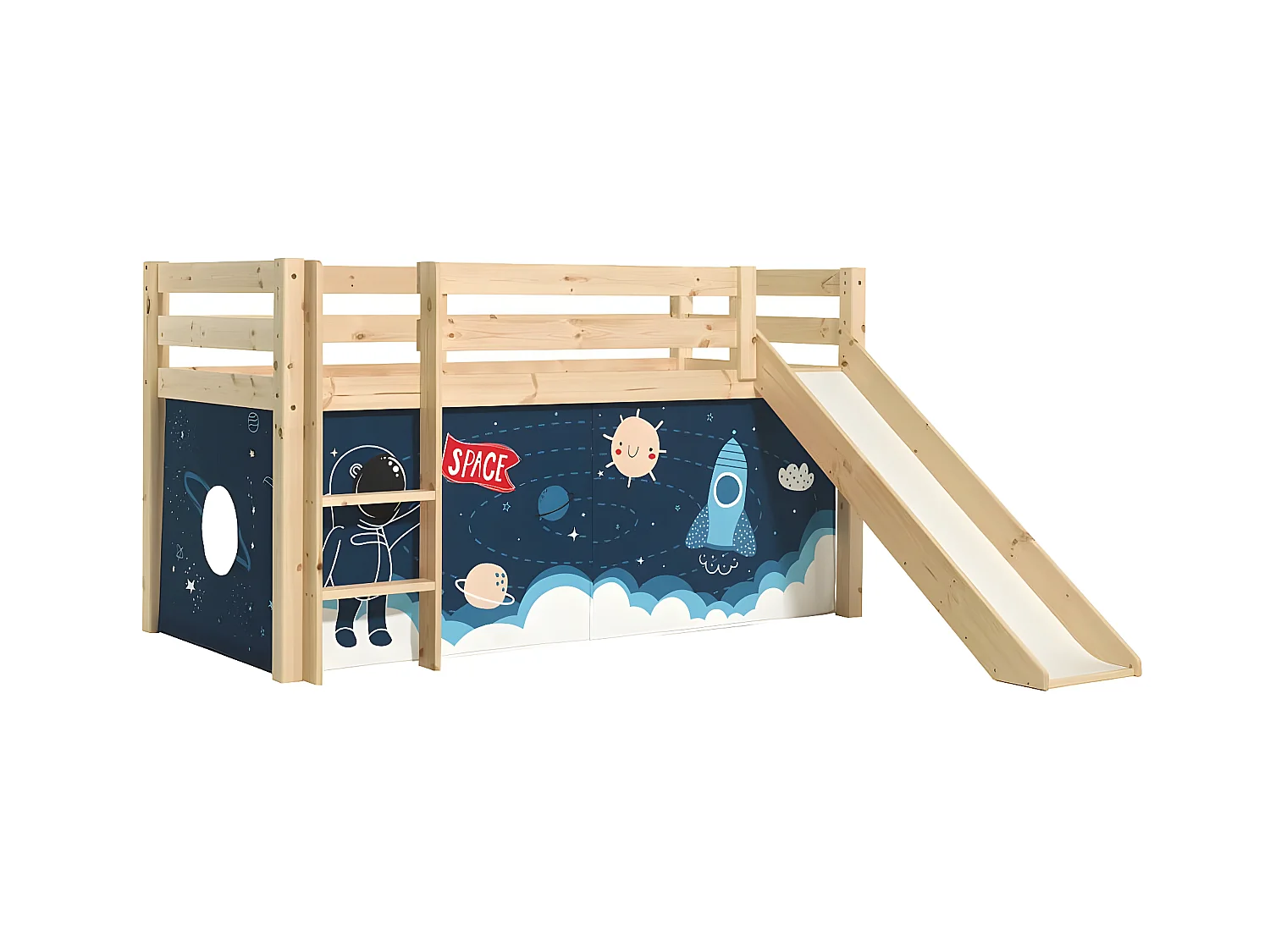SLEEPY - Lit Mi-Haut Tobogan en Pin Naturel 90x200cm Housse Espace