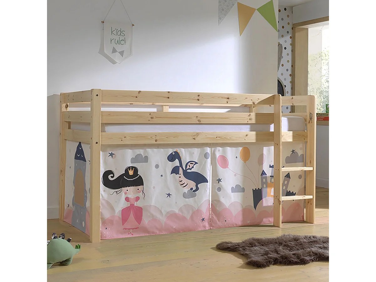 SLEEPY - Lit Mi-Haut en Pin Naturel 90x200cm Housse Princesse