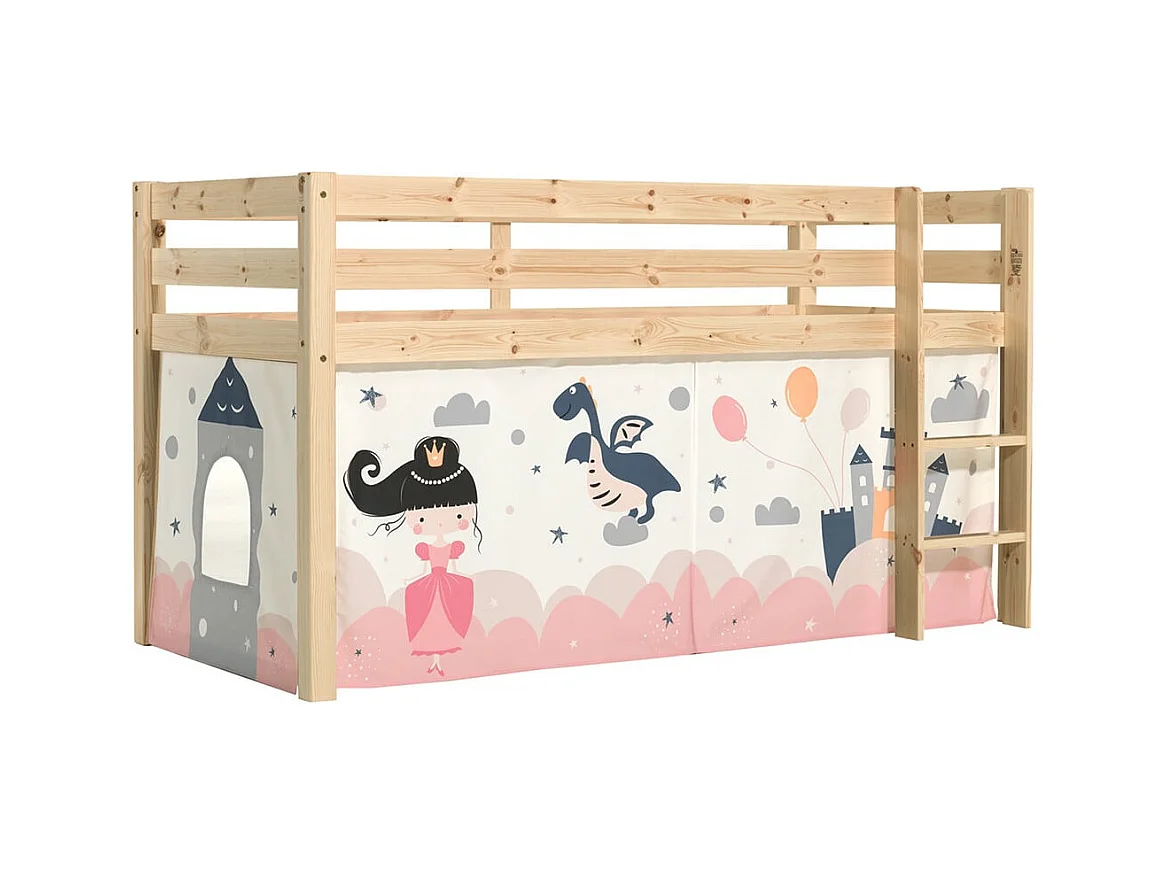 SLEEPY - Lit Mi-Haut en Pin Naturel 90x200cm Housse Princesse