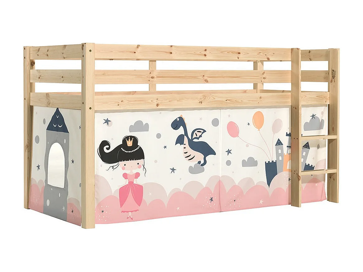 SLEEPY - Lit Mi-Haut en Pin Naturel 90x200cm Housse Princesse