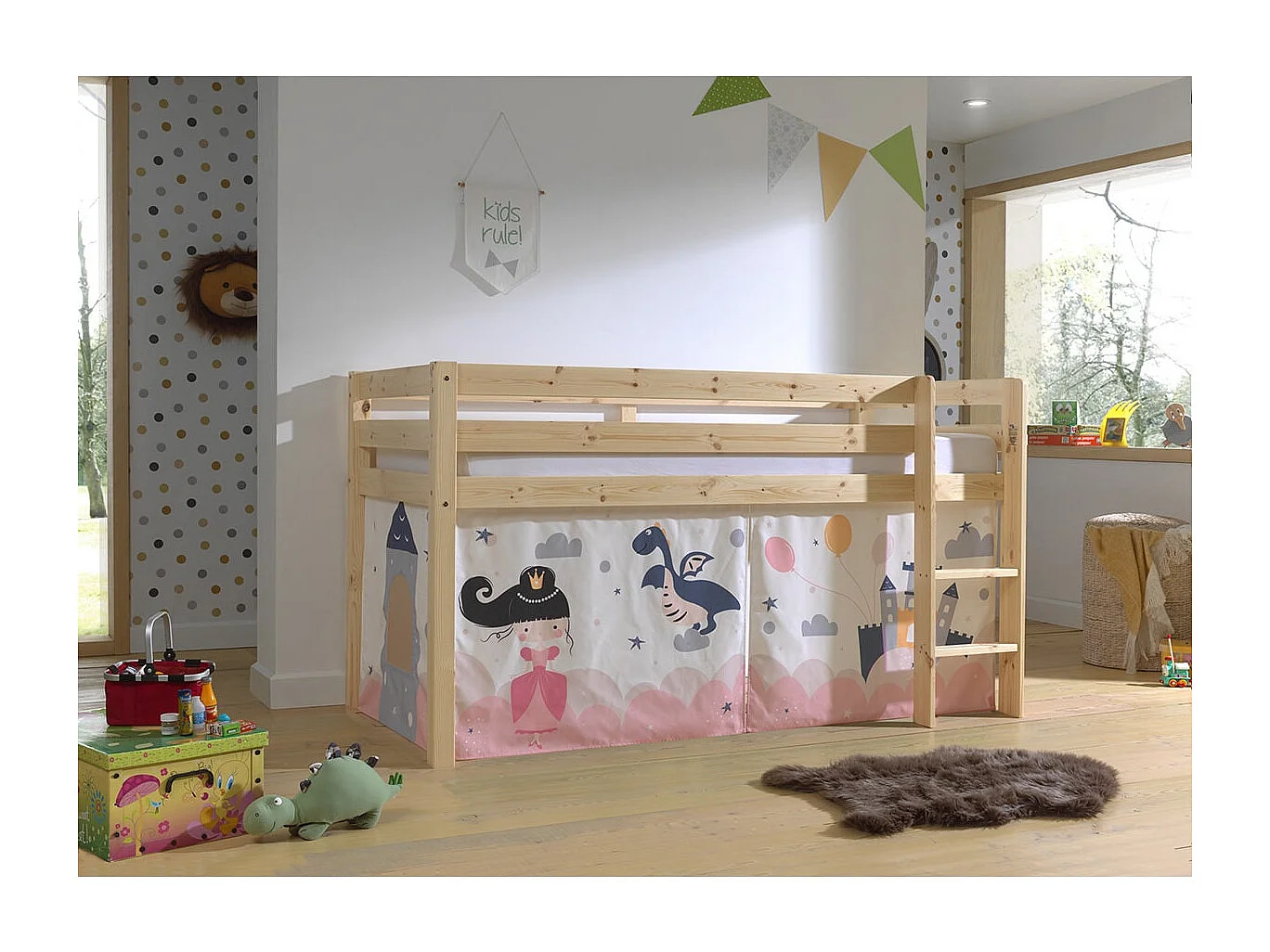 SLEEPY - Lit Mi-Haut en Pin Naturel 90x200cm Housse Princesse