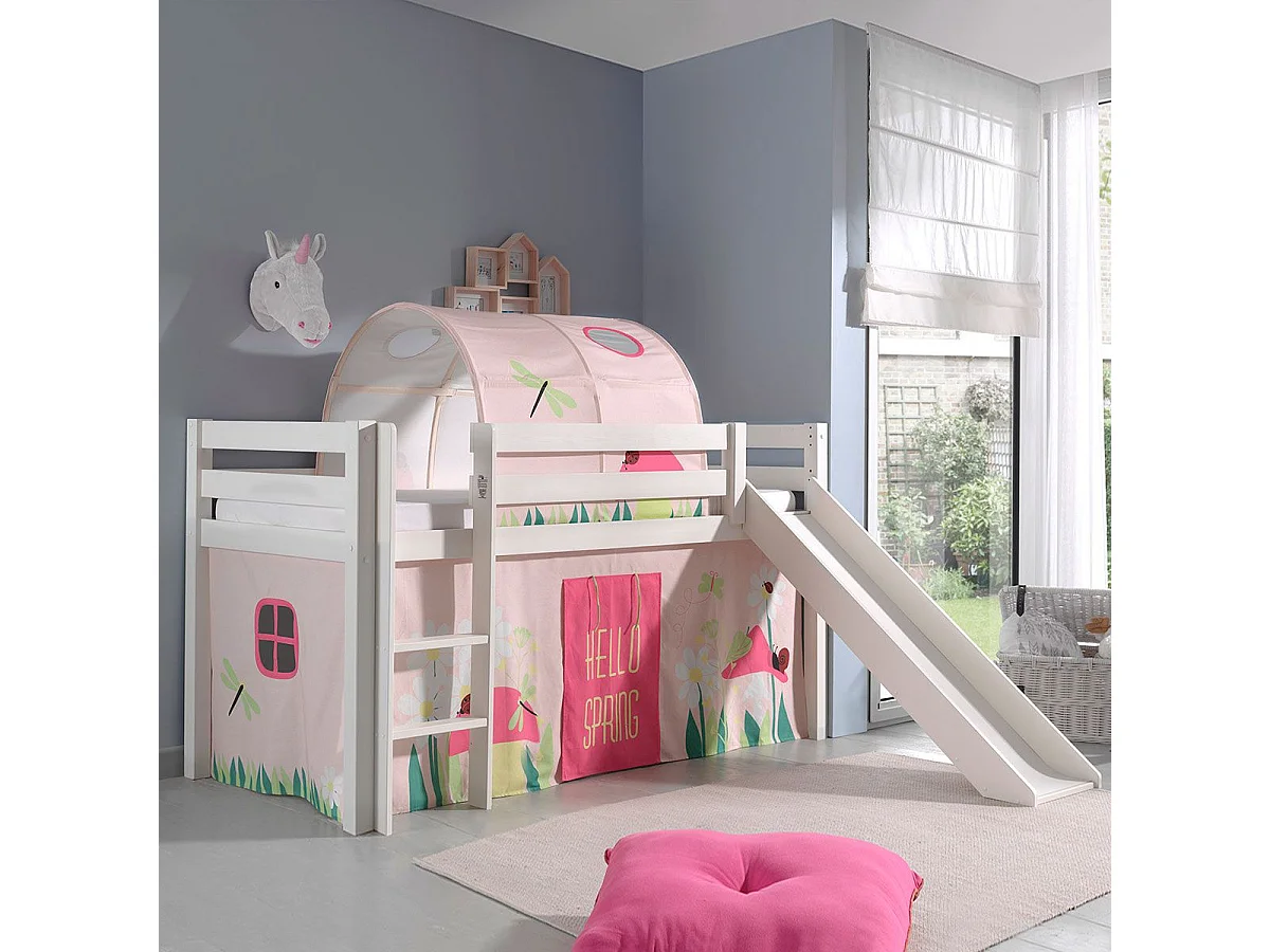 SLEEPY - Lit Mi-Haut Tobogan Laqué Blanc 90x200cm avec Housse et Tunnel Garden