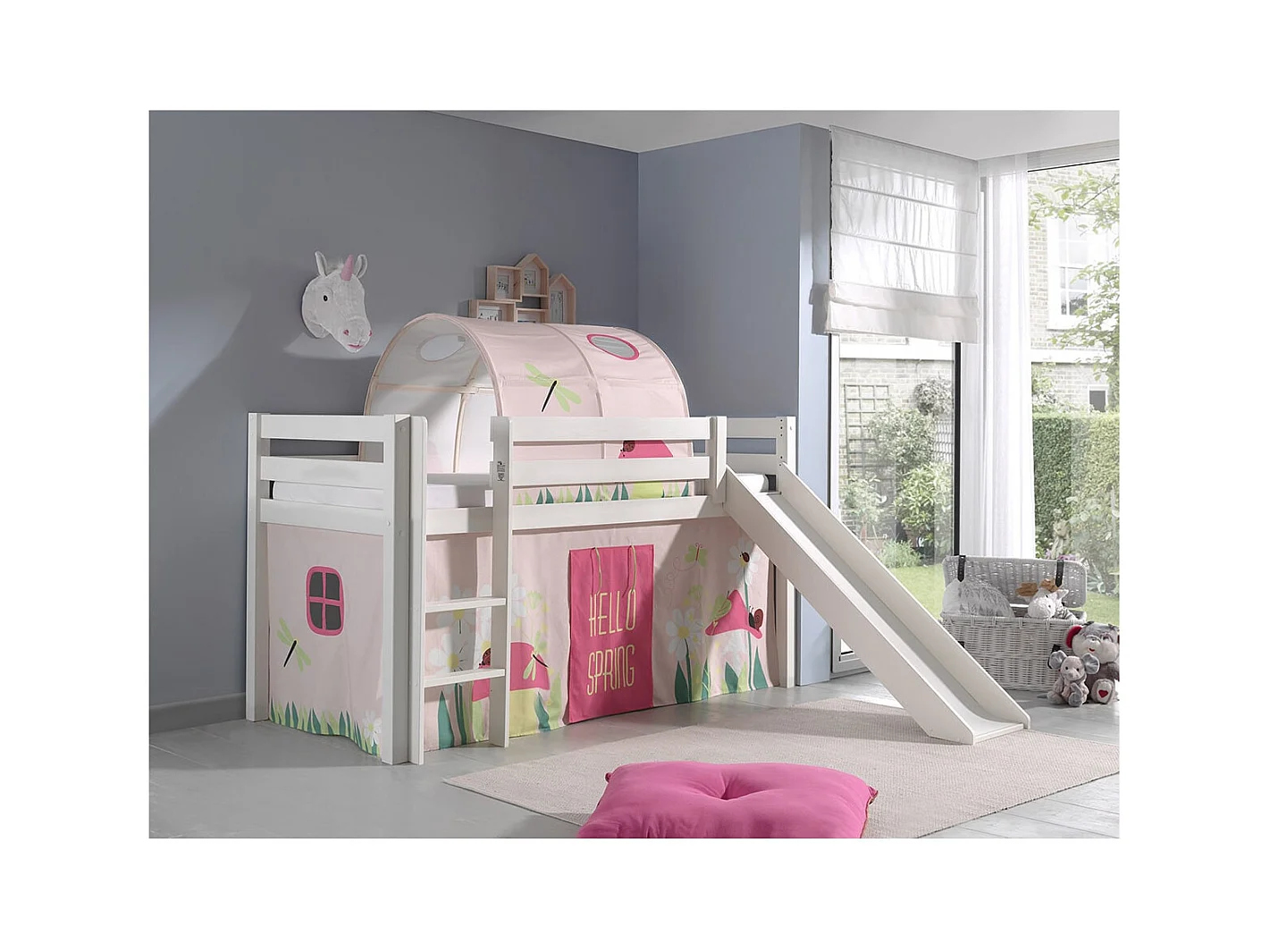 SLEEPY - Lit Mi-Haut Tobogan Laqué Blanc 90x200cm avec Housse et Tunnel Garden