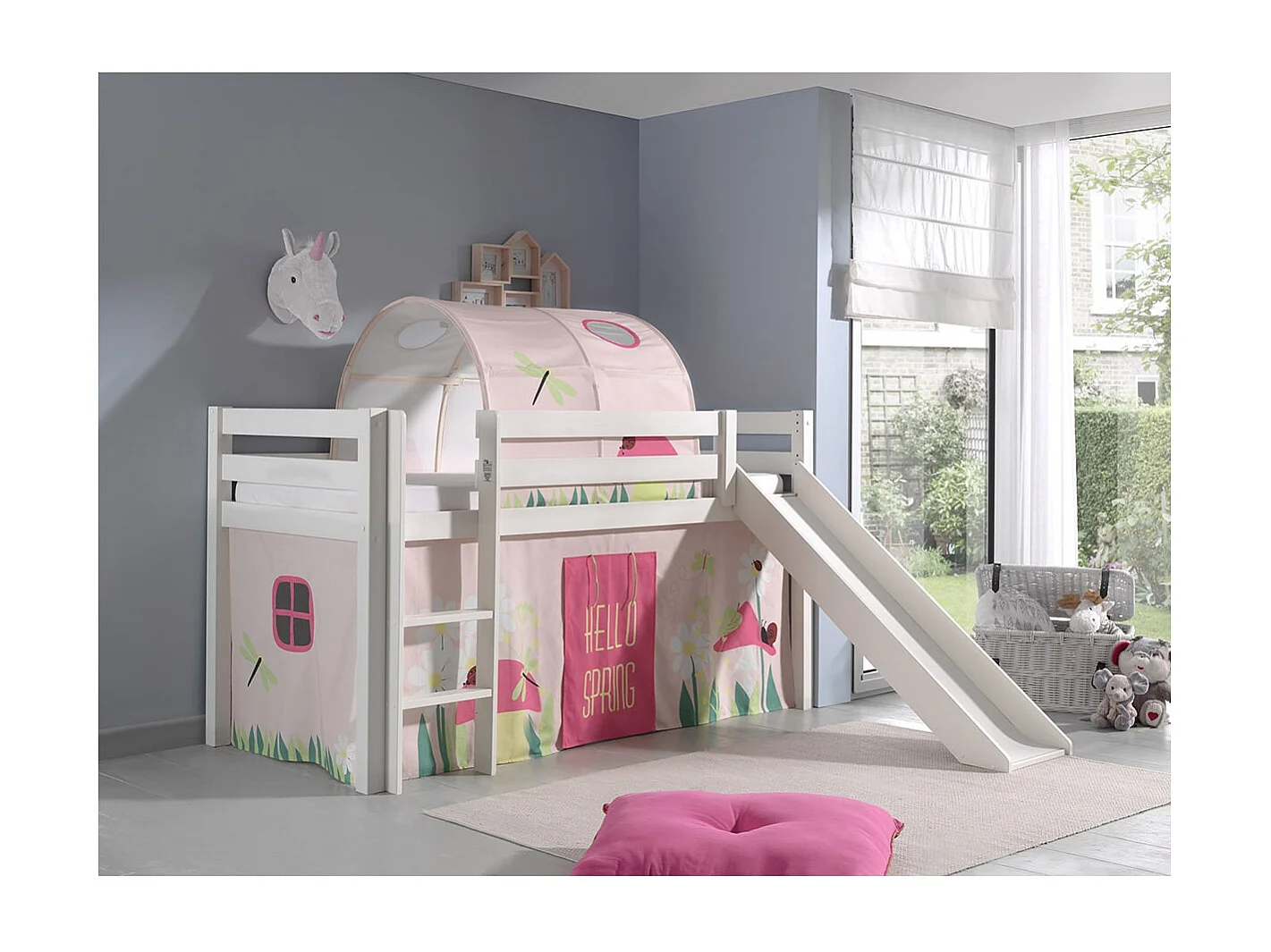 SLEEPY - Lit Mi-Haut Tobogan Laqué Blanc 90x200cm avec Housse et Tunnel Garden