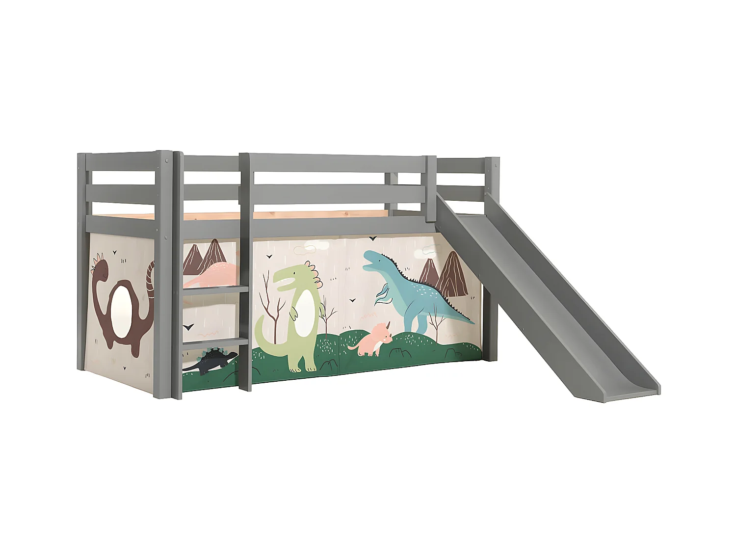 SLEEPY - Lit Mi-Haut Tobogan Laqué Gris 90x200cm Housse Dino