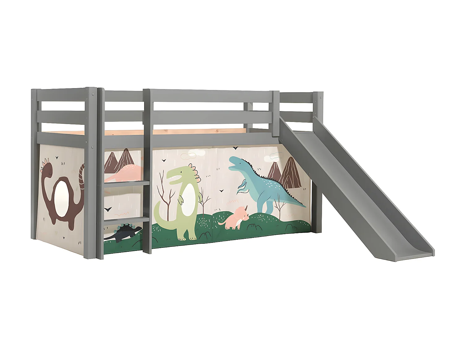 SLEEPY - Lit Mi-Haut Tobogan Laqué Gris 90x200cm Housse Dino