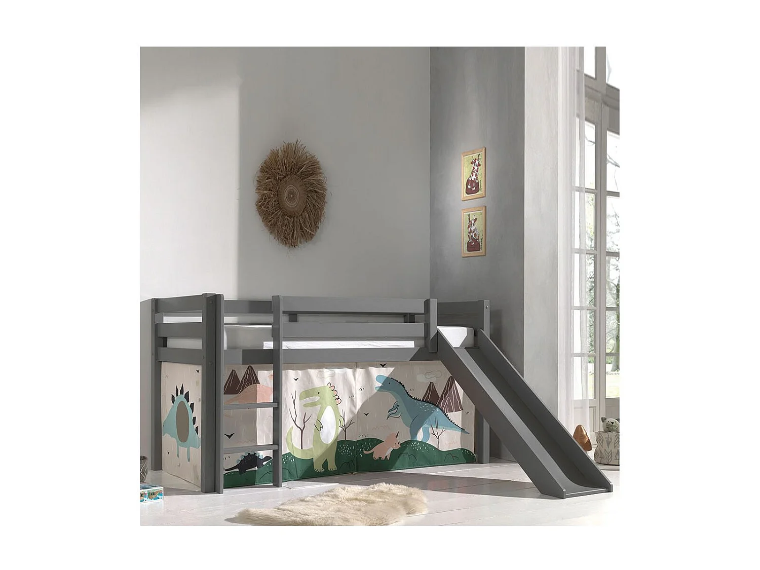 SLEEPY - Lit Mi-Haut Tobogan Laqué Gris 90x200cm Housse Dino