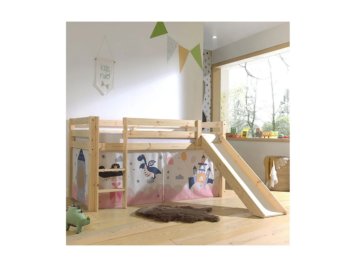 SLEEPY - Lit Mi-Haut Tobogan en Pin Naturel 90x200cm Housse Princesse