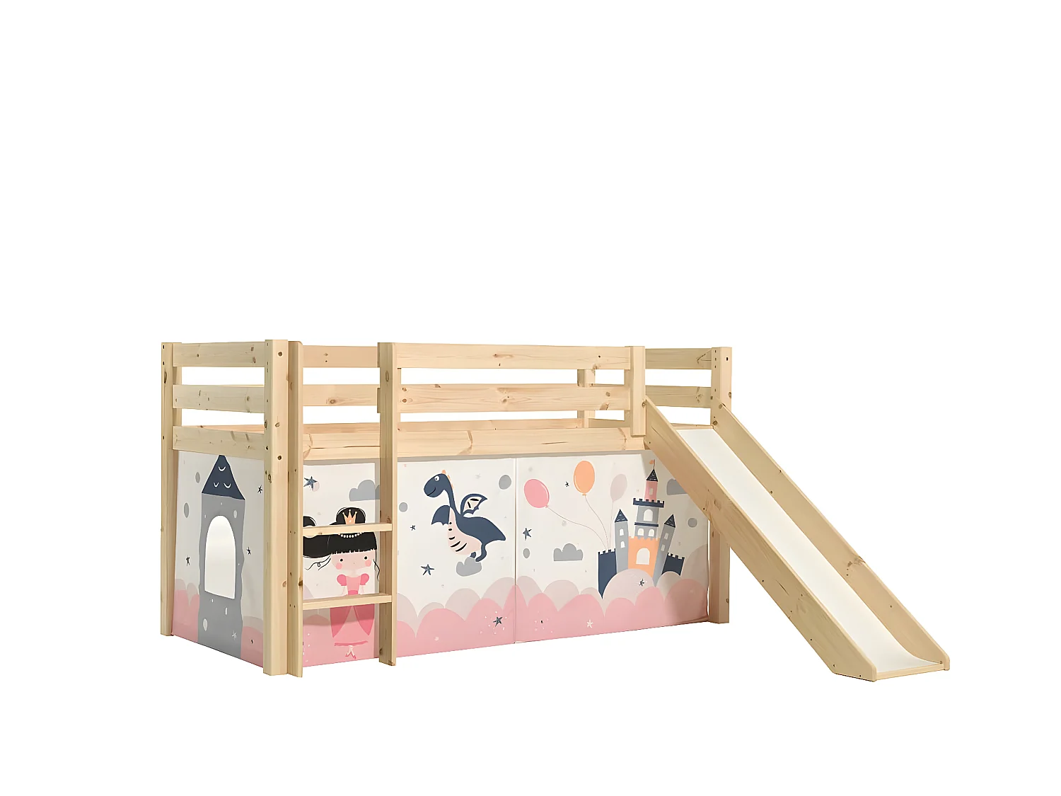 SLEEPY - Lit Mi-Haut Tobogan en Pin Naturel 90x200cm Housse Princesse