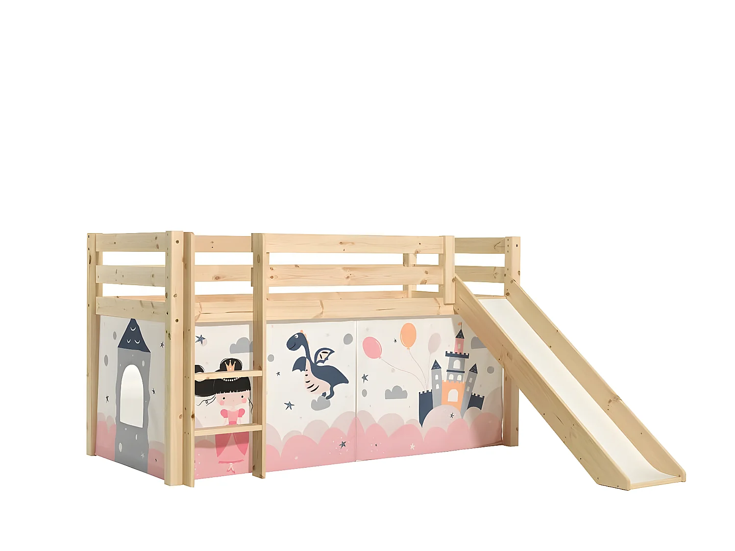 SLEEPY - Lit Mi-Haut Tobogan en Pin Naturel 90x200cm Housse Princesse