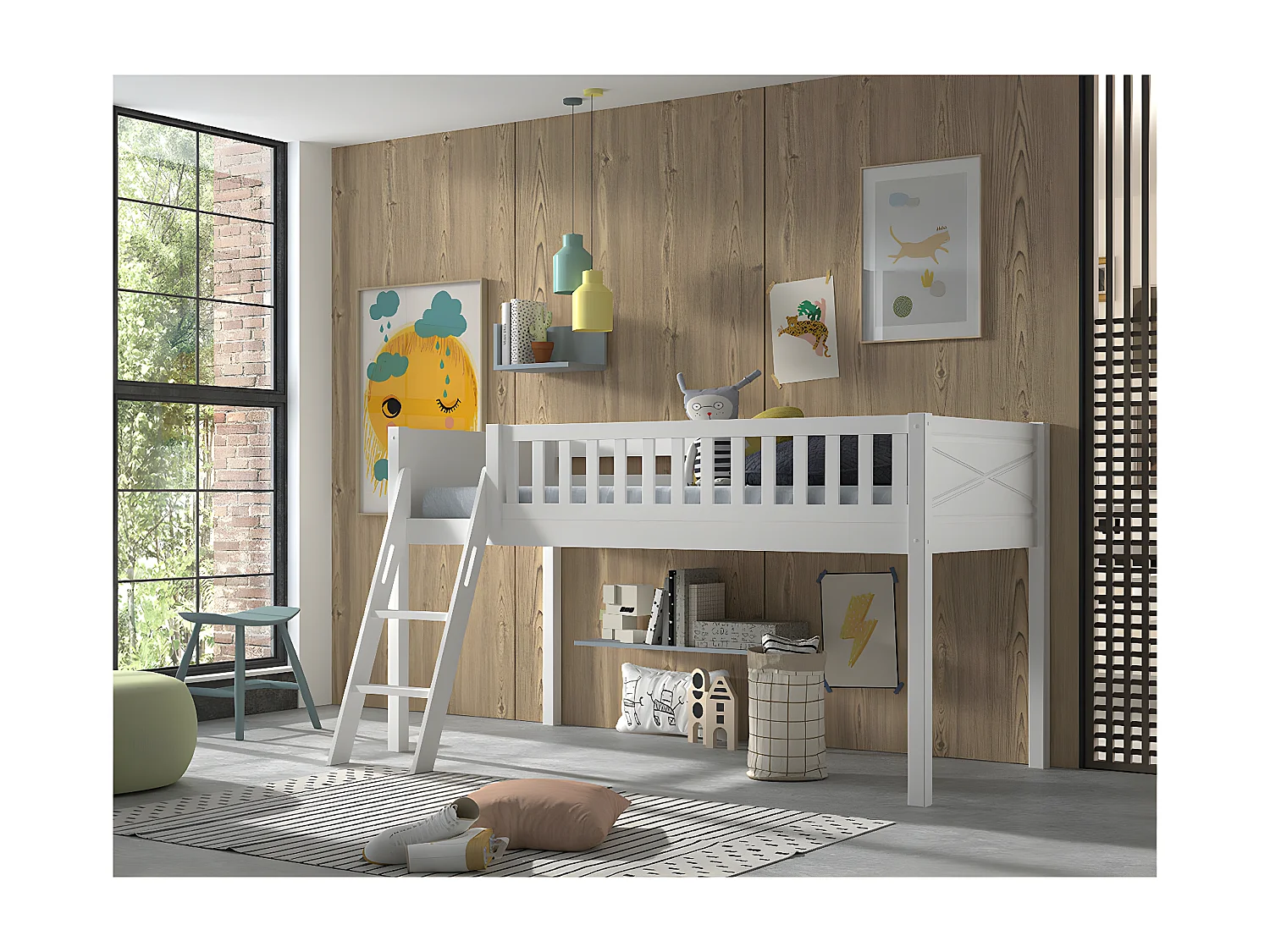 VIVIEN - Lit Mi-Haut en Pin Laqué Blanc 90x200cm avec Échelle Inclinée