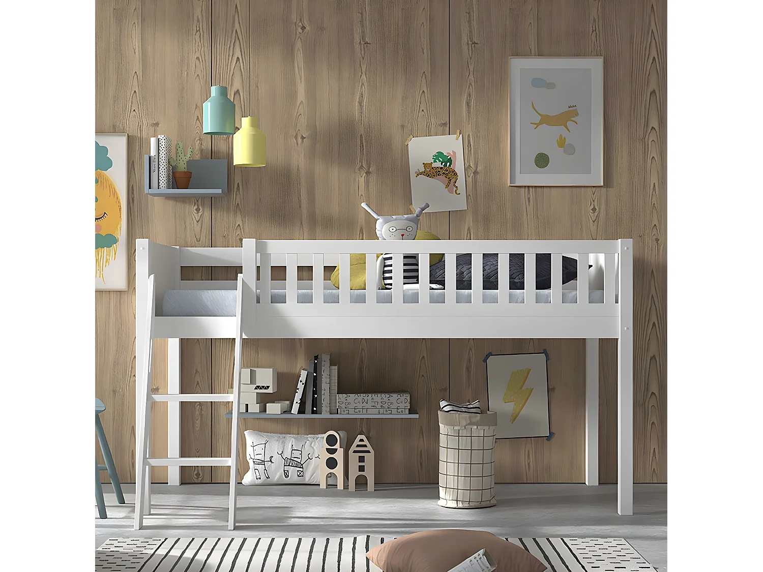 VIVIEN - Lit Mi-Haut en Pin Laqué Blanc 90x200cm avec Échelle Inclinée