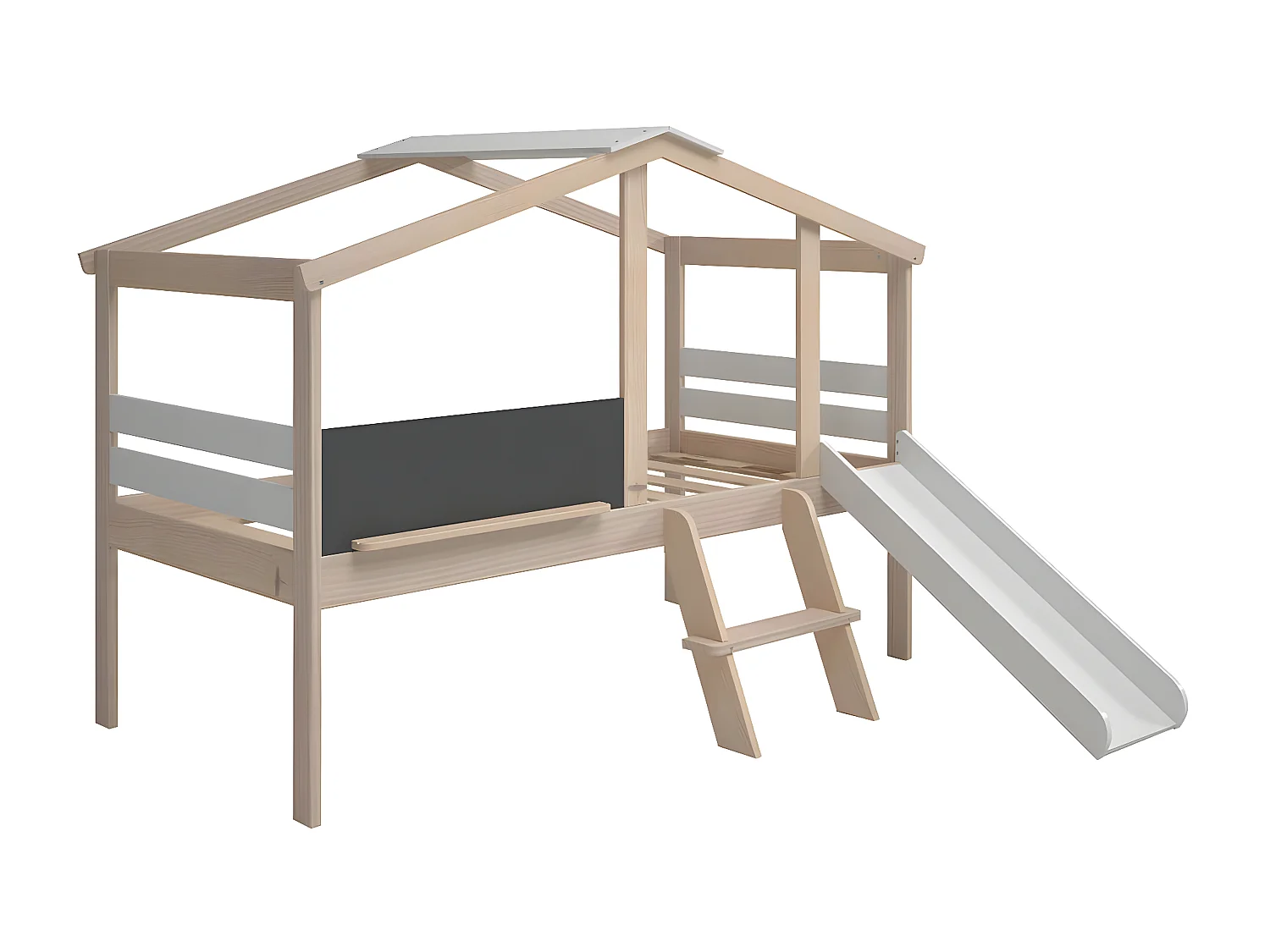 TOBY - Lit Cabane Surélevé 90x190cm avec Tobogan Blanc et Naturel