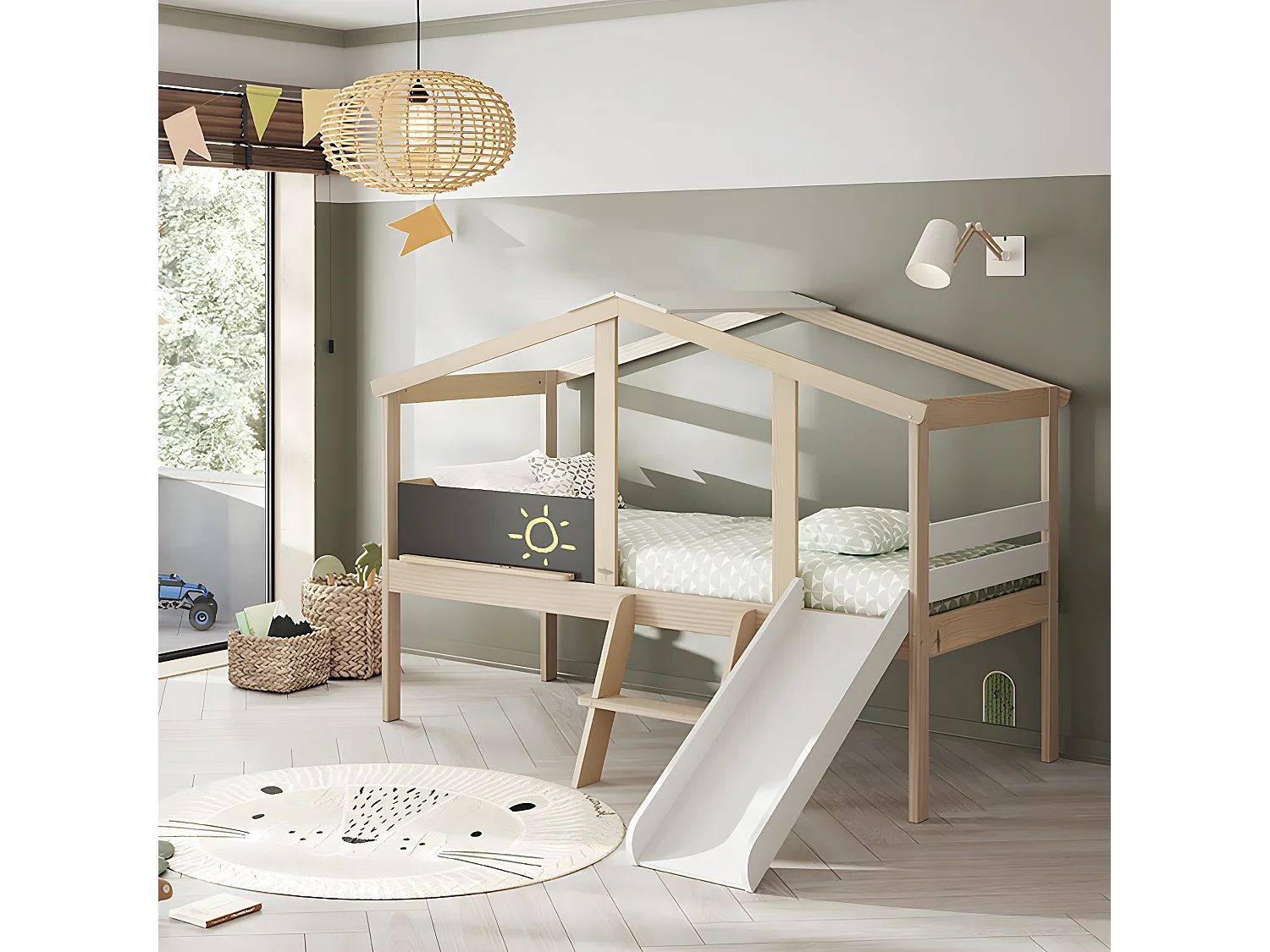 TOBY - Lit Cabane Surélevé 90x190cm avec Tobogan Blanc et Naturel