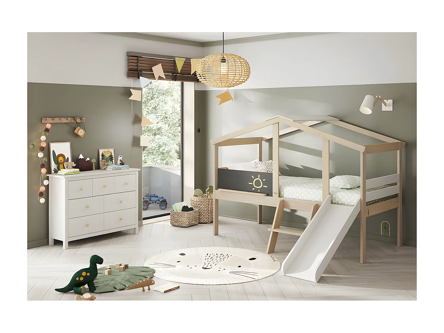 TOBY - Lit Cabane Surélevé 90x190cm avec Tobogan Blanc et Naturel