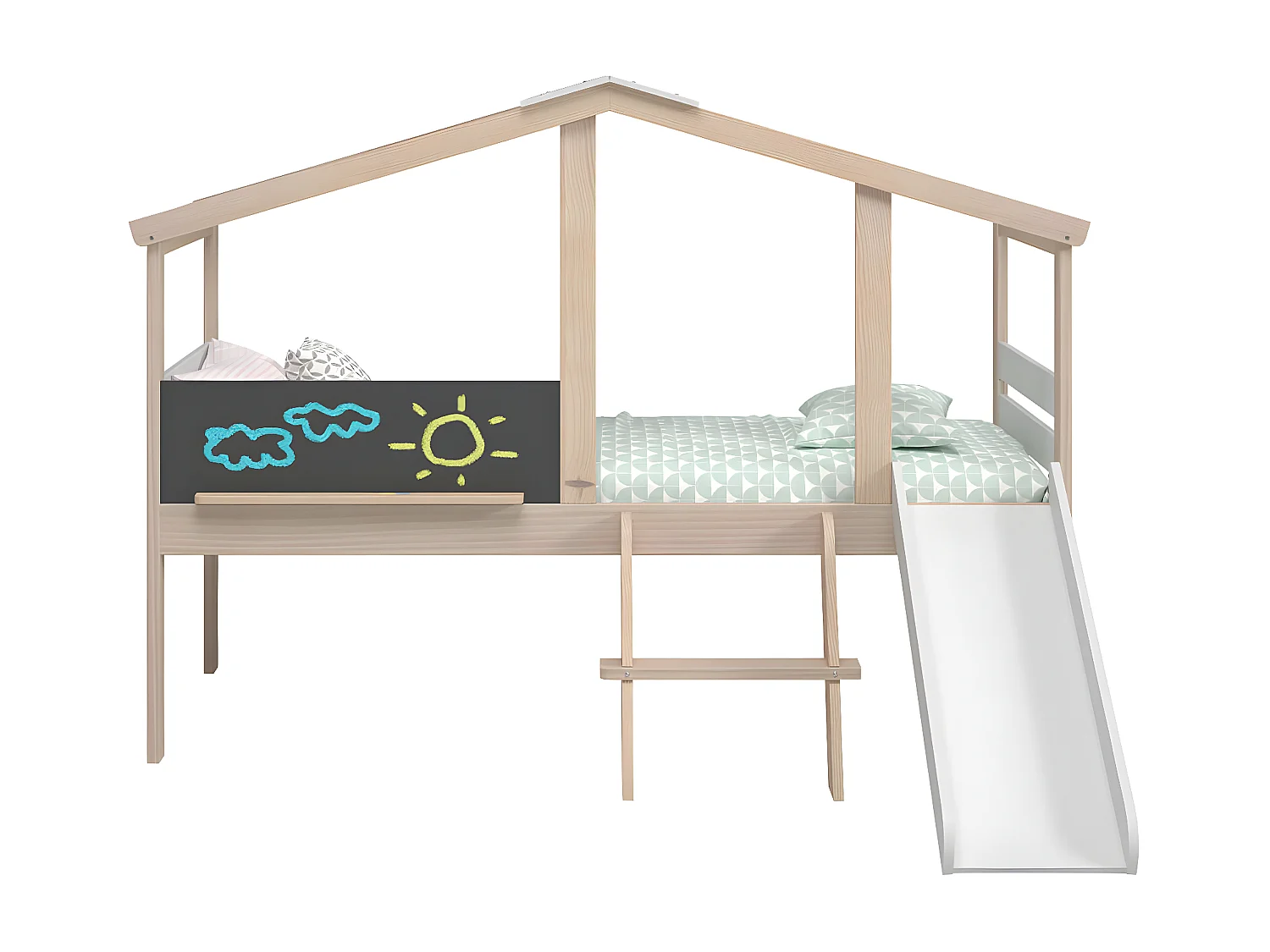 TOBY - Lit Cabane Surélevé 90x190cm avec Tobogan Blanc et Naturel