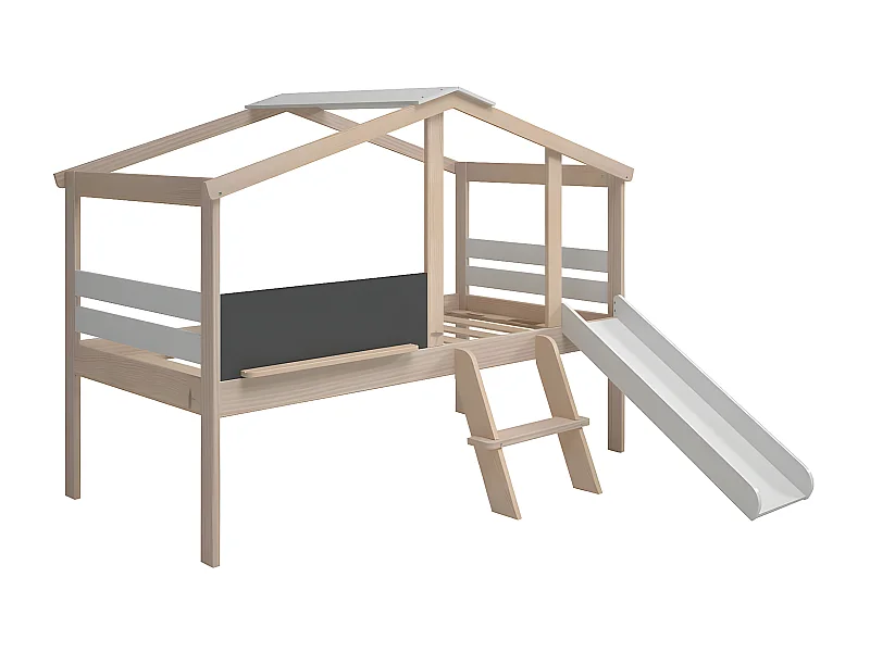 TOBY - Lit Cabane Surélevé 90x190cm avec Tobogan Blanc et Naturel