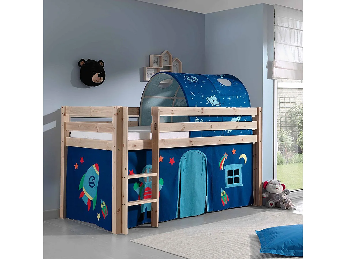 SLEEPY - Lit Mi-Haut en Pin Naturel 90x200cm Housse et Tunnel Astro