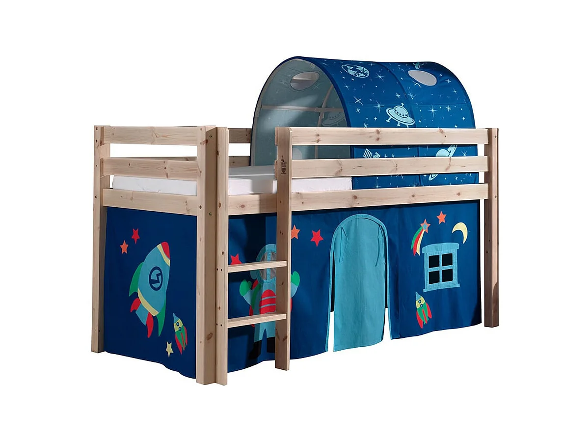 SLEEPY - Lit Mi-Haut en Pin Naturel 90x200cm Housse et Tunnel Astro
