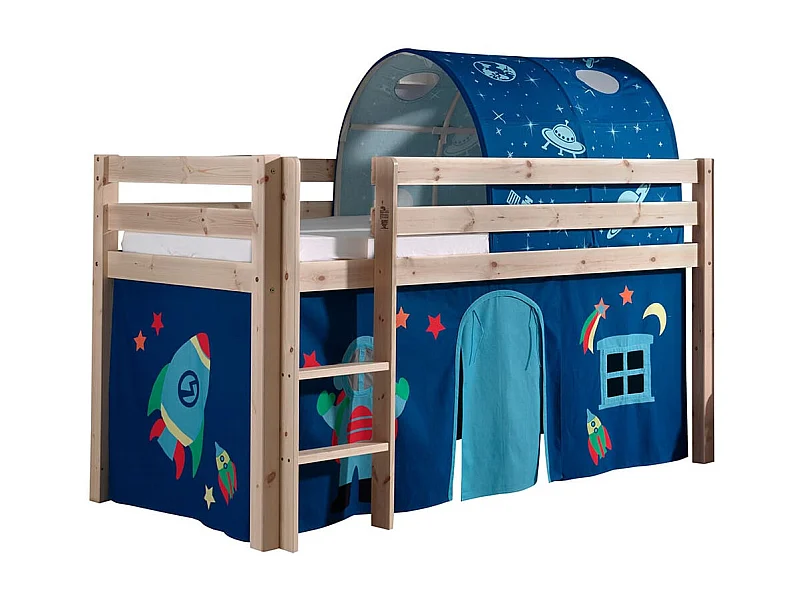 SLEEPY - Lit Mi-Haut en Pin Naturel 90x200cm Housse et Tunnel Astro