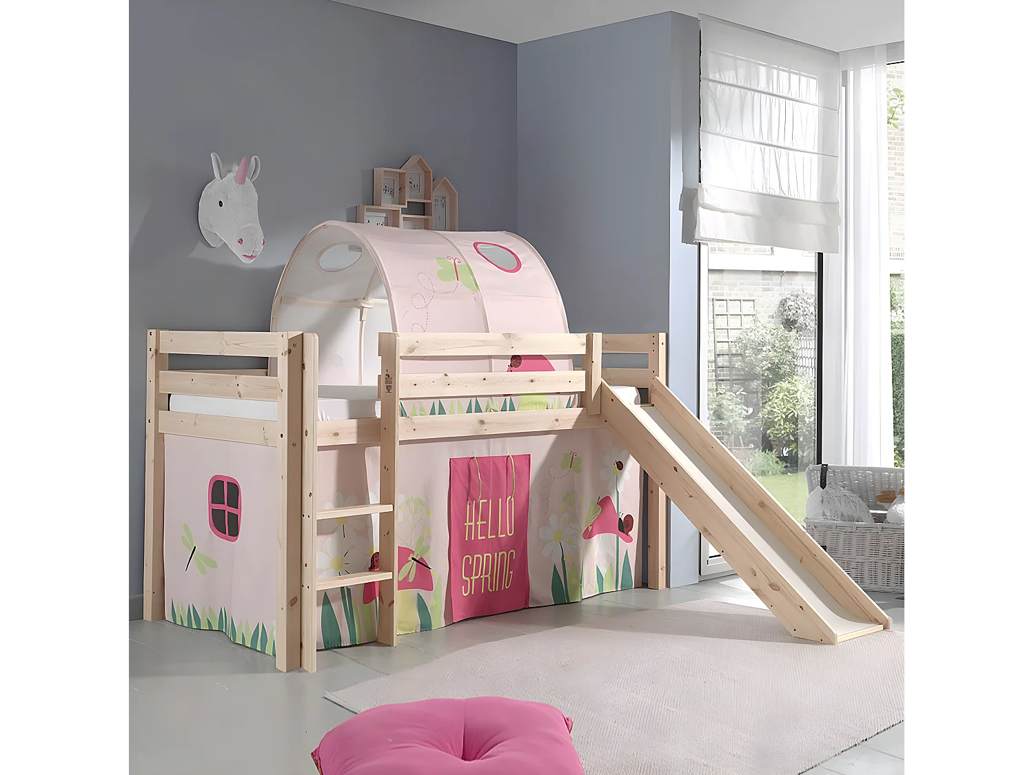 SLEEPY - Lit Mi-Haut Tobogan en Pin Naturel 90x200cm Housse et Tunnel Garden