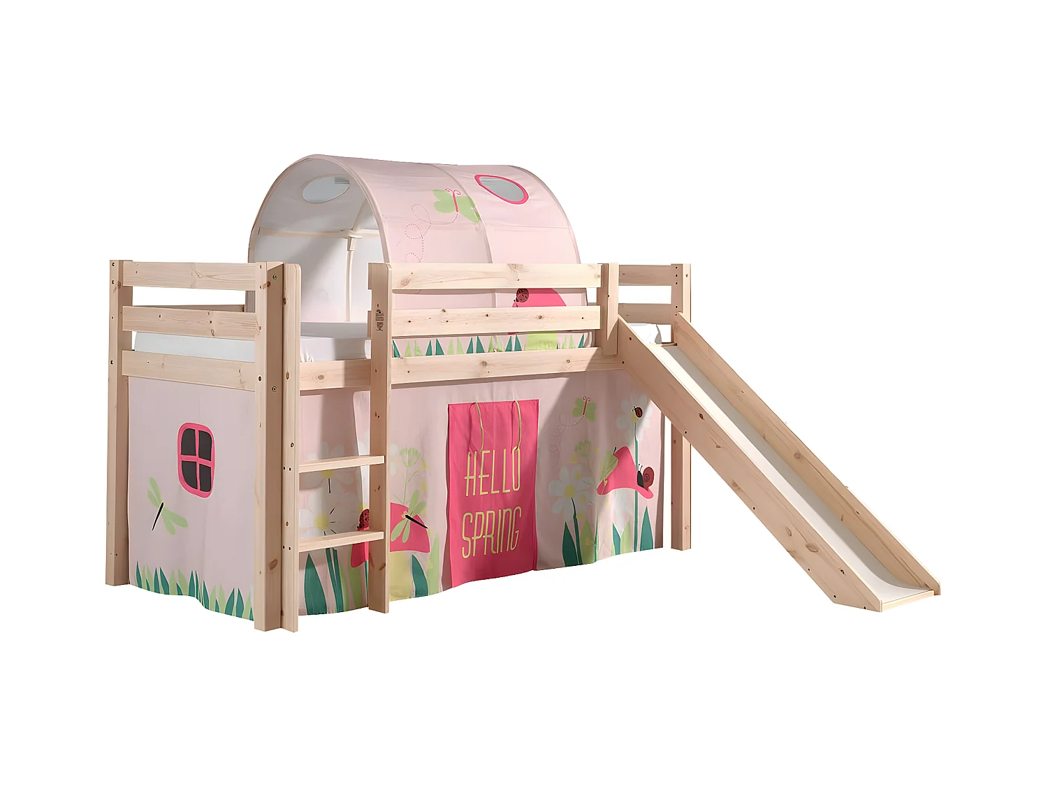 SLEEPY - Lit Mi-Haut Tobogan en Pin Naturel 90x200cm Housse et Tunnel Garden