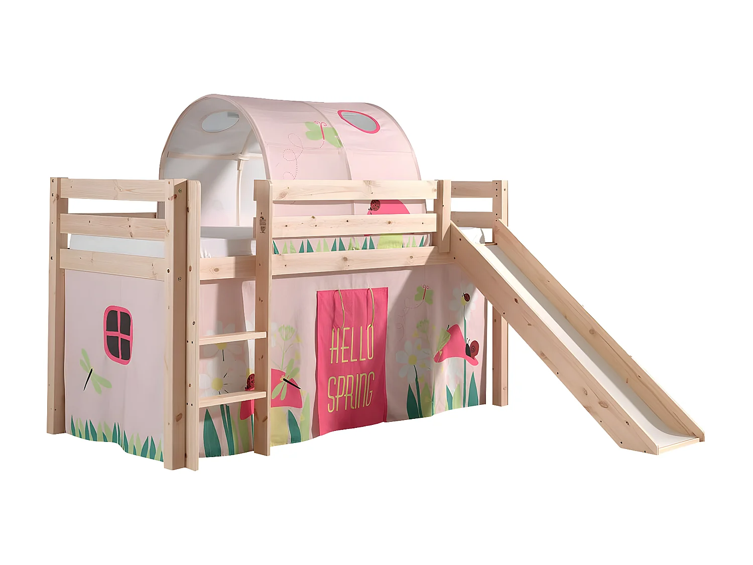 SLEEPY - Lit Mi-Haut Tobogan en Pin Naturel 90x200cm Housse et Tunnel Garden