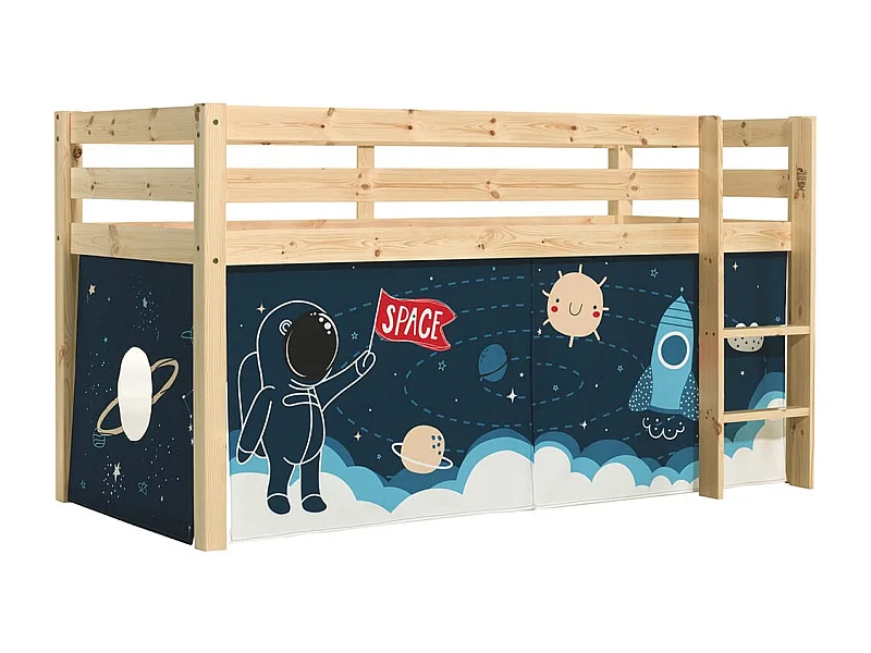 SLEEPY - Lit Mi-Haut en Pin Naturel 90x200cm Housse Espace