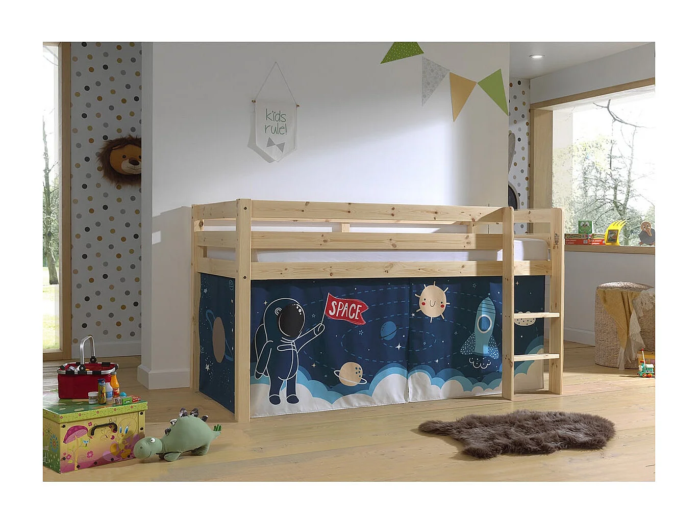 SLEEPY - Lit Mi-Haut en Pin Naturel 90x200cm Housse Espace