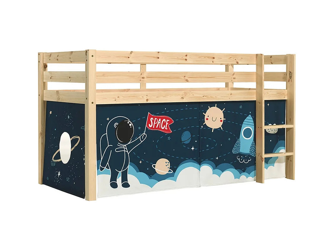 SLEEPY - Lit Mi-Haut en Pin Naturel 90x200cm Housse Espace