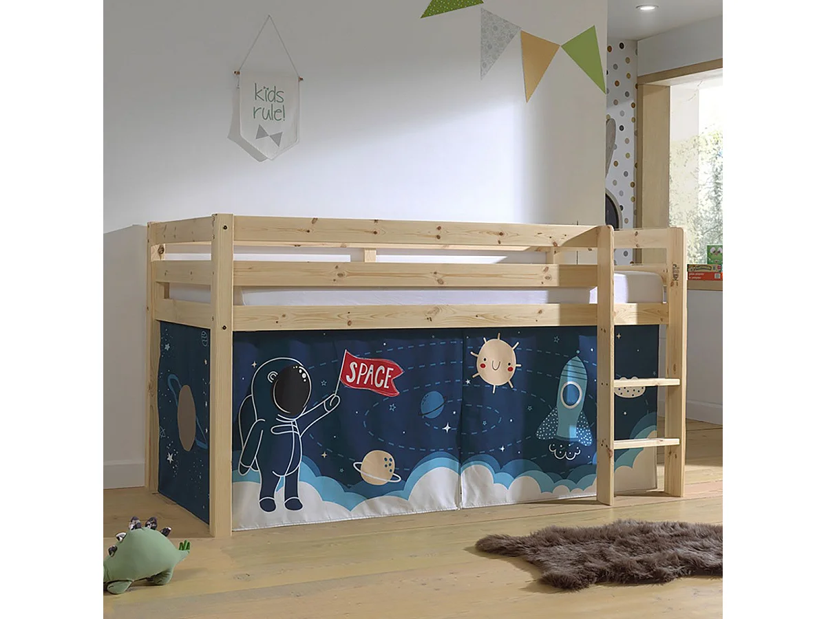 SLEEPY - Lit Mi-Haut en Pin Naturel 90x200cm Housse Espace