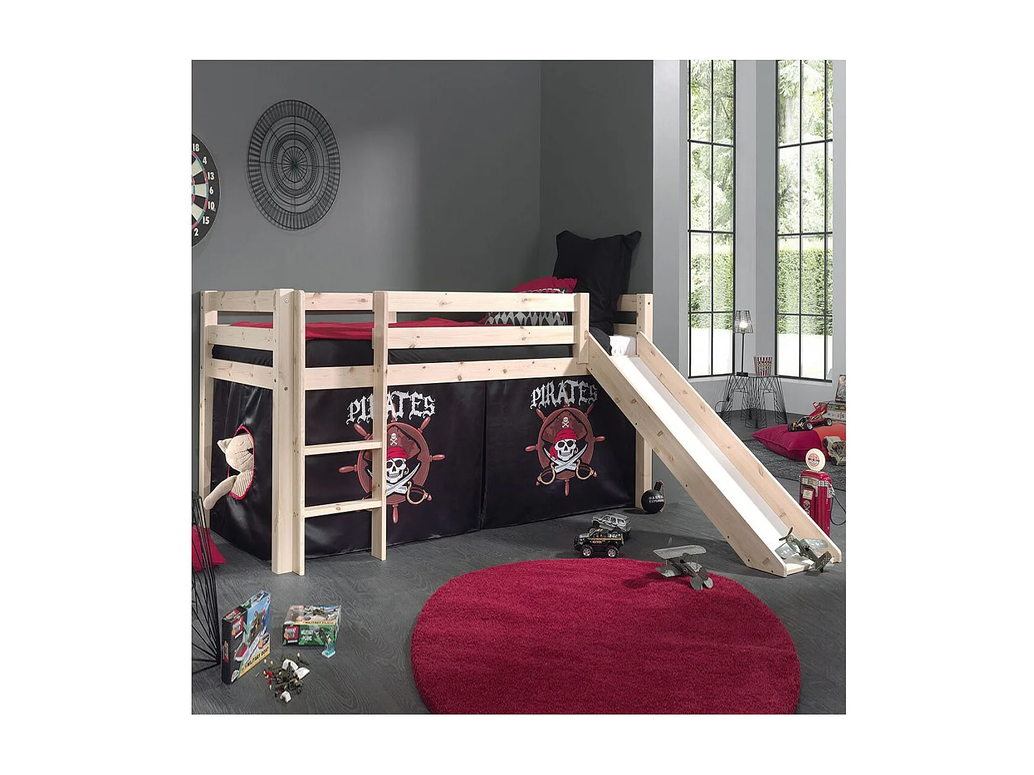 SLEEPY - Lit Mi-Haut Tobogan en Pin Naturel 90x200cm Housse Pirates