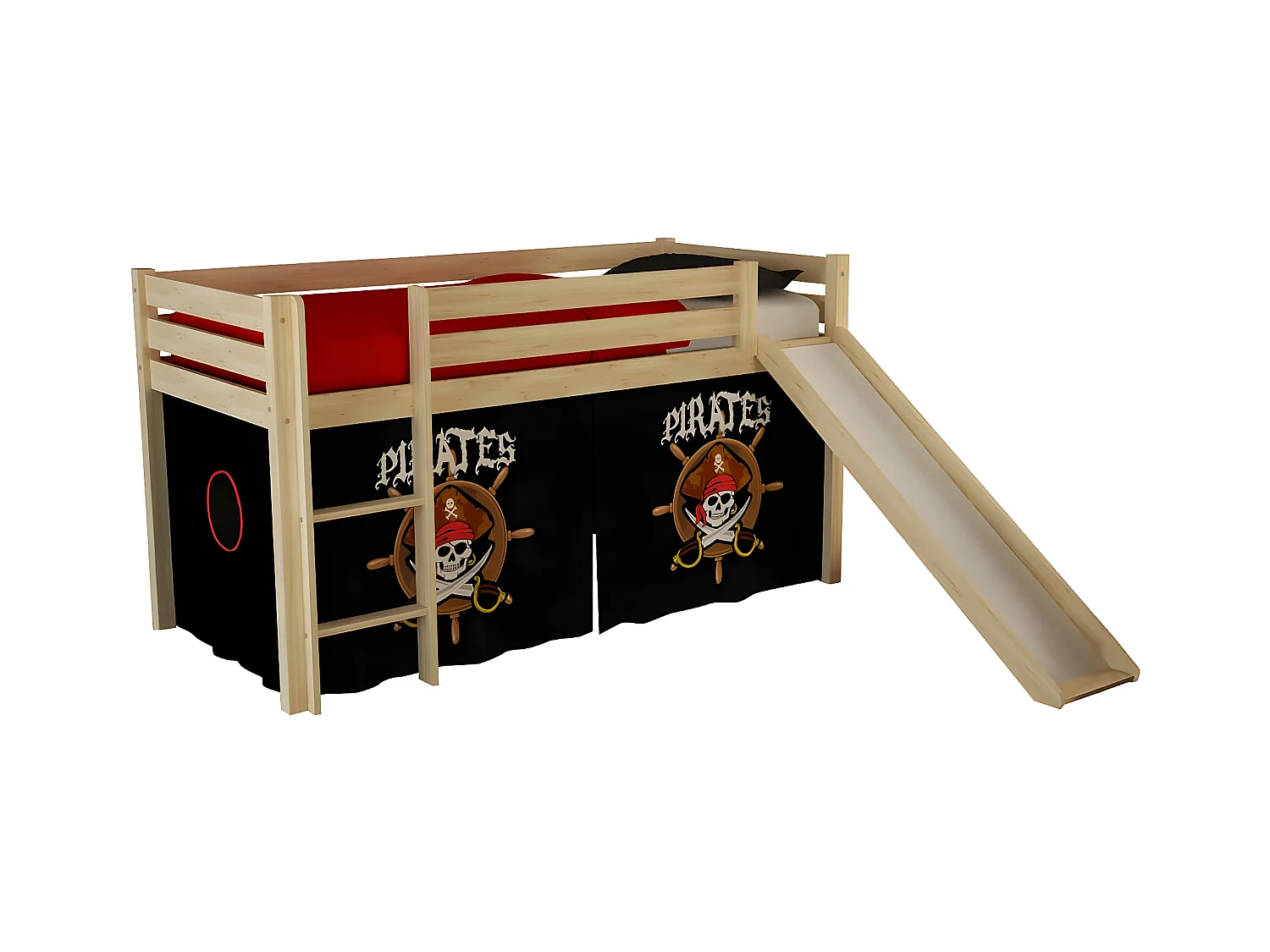 SLEEPY - Lit Mi-Haut Tobogan en Pin Naturel 90x200cm Housse Pirates