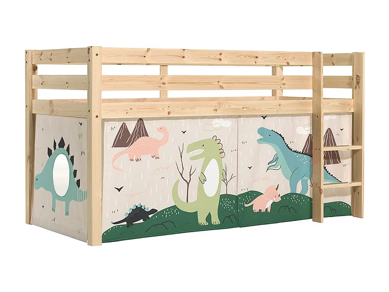 SLEEPY - Lit Mi-Haut en Pin Naturel 90x200cm Housse Dino